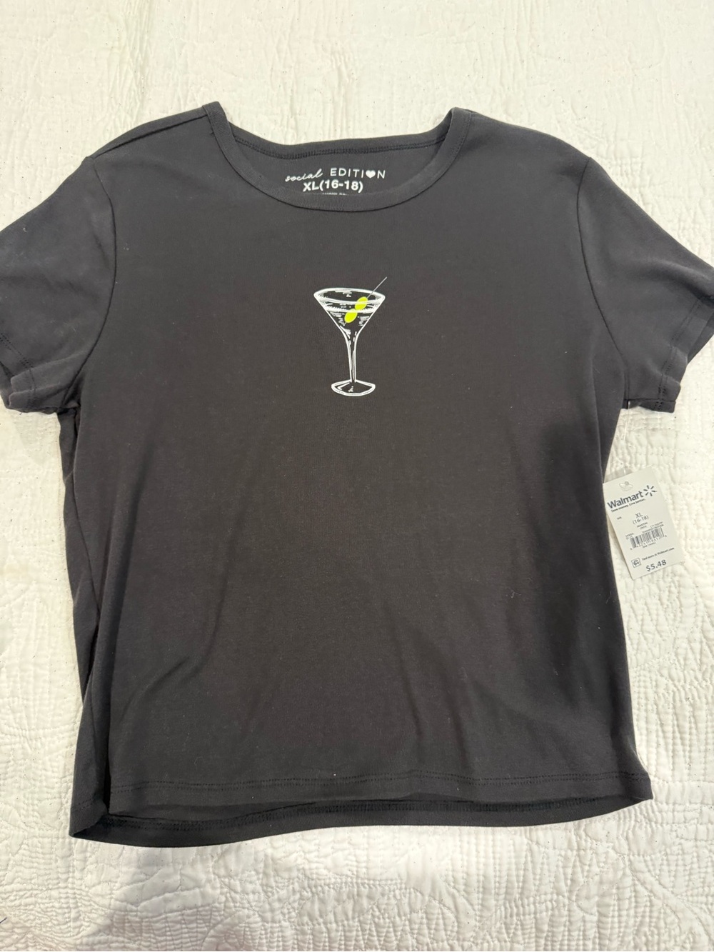 Black Graphic Crop Tee with Martini Detail